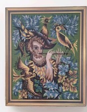Tapisserie canevas Ancien 1950 "L'oiseleur"style Lurcat Tableau Vintage  Encadré