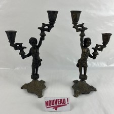 ➜PAIRE DE BOUGEOIRS/CHANDELIERS ANCIENS CHÉRUBINS putti angelot en régule/métal
