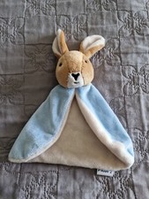 Doudou Lapin Picot 2 Plat Cape Bleu Blanc Crème Tête Beige Brodé Noir  TTBE