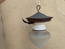 Antique Ans '30 Lampe à Suspension en Céramique Épais Bois Et Verre Satiné