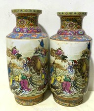 19.3" Rare Enamel Color Porcelain Eighteen Arhats Buddha Flower Bottle Vase Pair