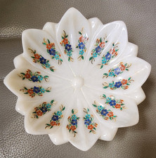 Vide-Poche en Marbre blanc, Décor floral incruste, en Forme de Feuille le Lotus