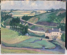 Tableau Ancien Huile Paysage Campagne Champs Rivière Pierre Paul MONTAGNAC 1916