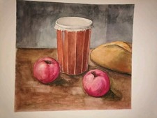 Nature morte milieu 20e Table De Campagne 30X27cm 🍏 Confiture Et 🥖