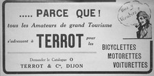 PUBLICITÉ DE PRESSE 1914 AVEC TERROT BICYCLETTES MOTORETTES VOITURETTES