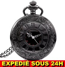 Montre de Poche Gousset Quartz Homme Femme Steampunk Vintage Chiffre Romain Noir