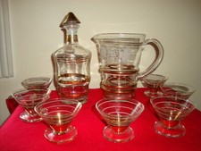 Service à Boisson Art Déco 8 Pièces en Verre et Dorure 2 Carafes et 6 Coupes 