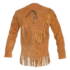 Veste rétro homme style vintage marron peau de mouton daim franges cuir