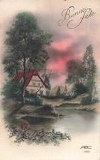 CPA FANTAISIE ILLUSTREE PAYSAGE CARTE DE VOEU BONNE FETE CHALET LAC