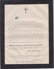 1886 Faire-part décès Mme Auguste d'ALDÉGUIER née de BARBOT - Toulouse.