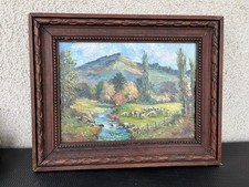 Tableau ancien paysage montagne avec rivière et moutons signé
