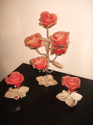 Bougeoir argenté motifs roses - motifs,