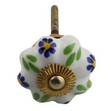 Bouton de meuble en céramique Poignée de porte Shabby Chic Rosette Fleur bleu-or