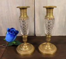 Paire de Bougeoirs Flambeaux en Cristal de Baccarat Bronze Doré Époque Charles X