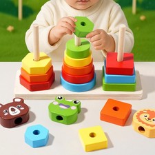 Jeu d'empilage arc-en-ciel en bois coloré pour les tout-petits de 1 à 3