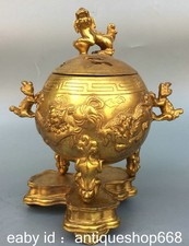 8" vieux chinois cuivre statue Feng Shui Foo chien lion oreille boule censeur