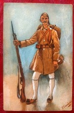 Carte postale peinte: Soldat, chasseur alpin en tenue de marche.Début XX siècle
