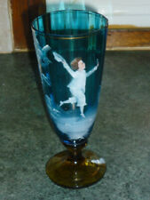 MARY GREGORY VERRE CRISTAL SOUFFLE A FACETTES EMAILLE BLEU SUR PIED AMBRE