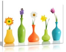 Look frais printemps fleurs colorées en vases sur toile blanche impression d'art
