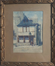 Aquarelle Ancienne vers 1900 Paysage Ville Bretagne Lamballe Café Signé Cadre