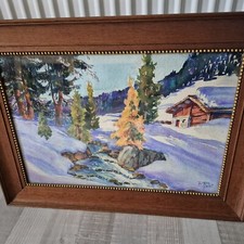 Tableau peinture auquarelle montagne enneigé signé Fritz Rubli (1865-1949)