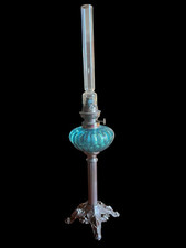Lampe À Pétrole Verre Bleu Signé HS Ancien Vintage France Colonne Metal 