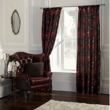 Rideaux prêts à l'emploi doublés plis crayon TATTON ROUGE 66 X 54 CHOCOLAT FLORAL