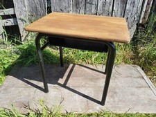 Ancien Pupitre Simple Bureau Enfant Caisson Metal + Plateau Bois Vintage #4
