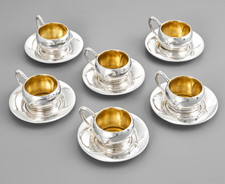 Autriche Vienne : Service 6 Tasses / Soucoupes  en Argent et Vermeil ART NOUVEAU