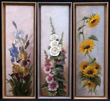 Tableau encadré triptyque natures mortes fleurs iris roses trémières tournesols