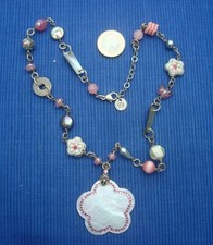 B29 Collier Pendentif Fleur Nacre GAS BIJOUX Emaillé Verre Perle Rose Lot Bijou