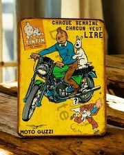 plaque métal vintage Tintin Moto Guzzi