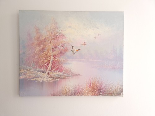 Tableau paysage lac - paysage, canards