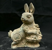 18.5CM Old Chinese Bronze Fengshui 12 Zodiac Year Rabbit Wealth Statue