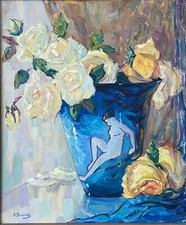 N Davids, le bouquet de roses jaune. Le vase à la femme, vase de Paul Jacquet