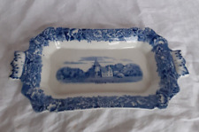 Petit plat rectangulaire en faïence Suède Rorstrand  bleu fleurs et château