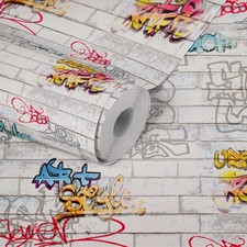 Papier Peint Graffiti Avec Effet Mur Pour Chambre D'Adolescent – Coloré, Blanc