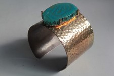 Bracelet manchette cuivre martelé bleu turquoise vintage (74720)