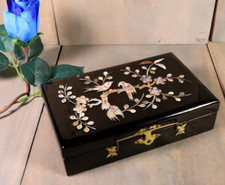 Ancienne Coffret Boîte à Bijoux Laqué Noir Nacré Chinois Asiatique Oiseaux