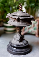 CASSOLETTE d'église XIXè REGULE socle BOIS oiseau GARGOUILLE LION bouton LIEVRE