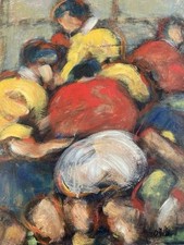 Belle Peinture  Huile Panneau Rugby Sport 1950 Ballon Équipe A Identifier Art