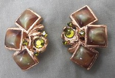 boucles d'oreilles métal doré Micris créateur strass Vert Vintage Années 90