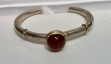 Rare Bracelet Jonc Argent Massif Vintage rehaussé d'Or mass 14 K Cornaline 37 Gr