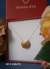 *** COLLIER NEUF OR 9 CARATS JAUNE DORE MÉDAILLE GRAVÉE 375 AMOUR SOLEIL ***
