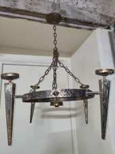 Ancien Lustre 5 Feux Fer Forgé Martelé Style Anglo-saxon Médiéval 19ème Taverne 