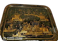 Grand plateau rectangulaire en tôle laquée noire et or à décor aux chinois 19ème