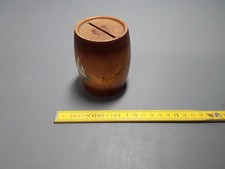 Ancienne petite tirelire en bois forme tonneau souvenir de Toulon décor bateau