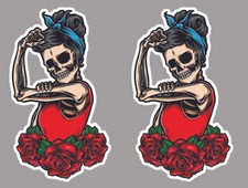 2 STICKERS AUTOCOLLANT PINUP ROSES TETE DE MORT TATOO - TAILLE : 5cm FPS004