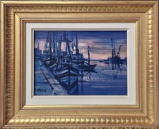 François Burel - Coucher de Soleil sur le Quai huile sur toile