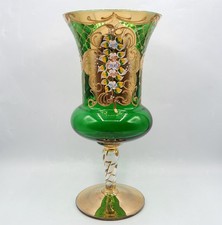 Grand vase cristal coloré vert émaillé décor floral et doré de Bohème XXème